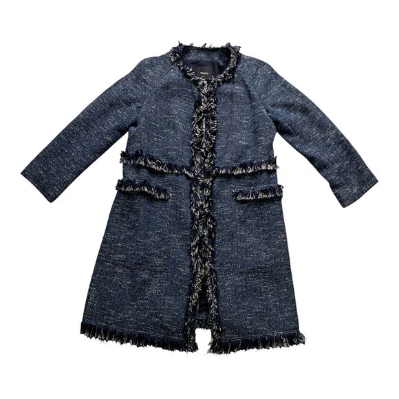 Theory Coat Women's Large Blue Zarafilla Indigo Tweed Fringe Trim Work Career - Picture 1 of 14